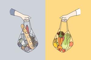 Dieting, choosing between various foods concept. Human hands holding bags of healthy vegetable vegan taw natural foods and ordinary ingredients vector illustration