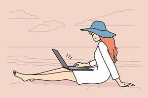 Smiling young woman relax on beach working on laptop. Happy female sit on seashore browse internet on computer freelancing on summer vacation. Vector illustration.