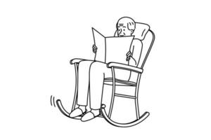 Elderly man sit in rocking chair reading newspaper. Old grey-haired grandfather relax in armchair enjoy press. Happy calm maturity. Vector illustration.