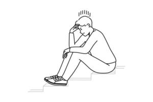 Stressed man sit on stairs thinking or making plan. Distressed unhappy guy lost in thoughts having dilemma or issue. Vector illustration.