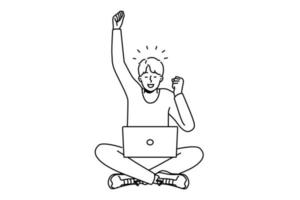 Excited young man use laptop triumph with good news or message online. Happy guy feel emotional celebrate success or promotion. Vector illustration.