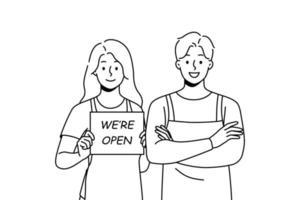 Smiling waiters in aprons hold open sign. Happy man and woman cafe staff notify about shop opening. Vector illustration.