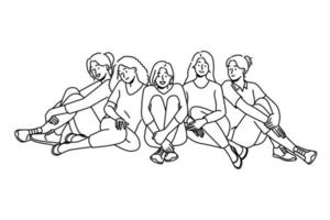 Smiling multiracial diverse women sit together show unity and support. Happy multiethnic interracial girls have fun relax. Togetherness and friendship. Vector illustration.