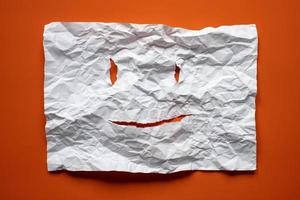 Frame from a crumpled, straightened sheet of white paper in the form of a face, on a red background. Copy space. photo