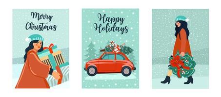 Greeting cards set Merry Christmas and Happy New Year. Trendy retro style. Preparing for the holiday concept. Vector design template