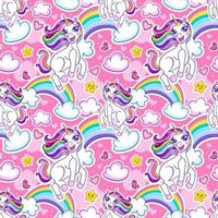 Seamless pattern with cute cheerful unicorn and rainbow. Vector endless background