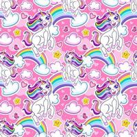 Seamless pattern with cute cheerful unicorn and rainbow. Vector endless background