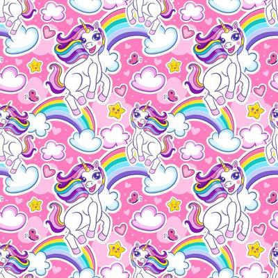 Seamless pattern with cute cheerful unicorn and rainbow. Vector endless background