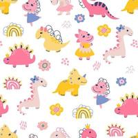 Seamless pattern with dino girls. Design for fabric, textile, wallpaper, packaging. vector