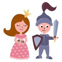 Princess and knight. Drawn style. White background, isol. Previous illustration. vector