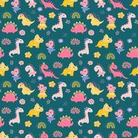 Seamless pattern with dino girls. Design for fabric, textile, wallpaper, packaging. vector