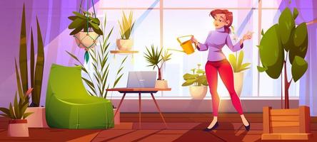Young woman watering plants at home garden, office