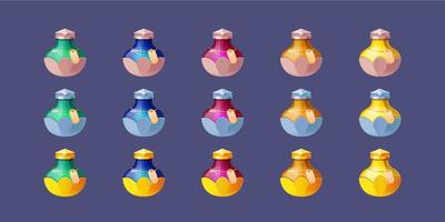 Game icons of bottles with magic potion vector