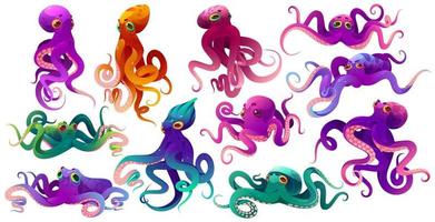lindos pulpos de colores, animales marinos con tentáculos vector