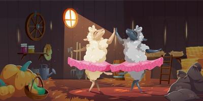 Sheeps in tutu dancing ballet in barn on farm vector