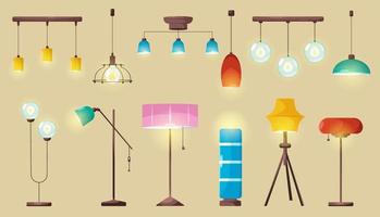Lamps, ceiling and floor glowing electric bulbs, vector
