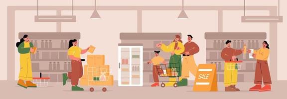 People in supermarket or grocery store market vector