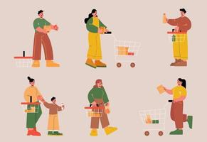 People with shopping carts and baskets in store vector