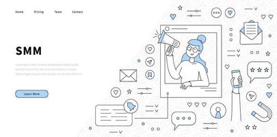 SMM social, media, marketing line art landing page vector