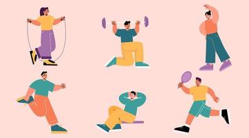 People exercise, sportsmen characters in gym set vector