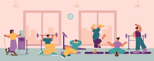 Gym interior with people doing sport exercises vector