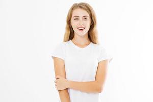 Happy woman face. Smiling girl in white template summer t shirt isolated. Copy space. Fun time. Mock up photo