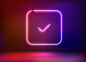 Neon glowing checkmark icon. 3d vector illustration