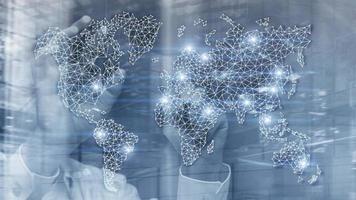 Global World Map Double Exposure Network. Telecommunication, International business Internet and technology concept. photo