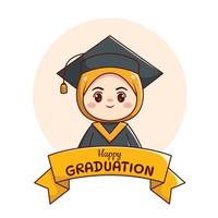 pancarta o cinta feliz graduación musulmán hijab niña con toga y birrete lindo kawaii chibi dibujos animados vector