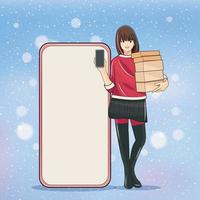 Advertising Christmas Concept. Young girl hold stack cardboard boxes and phone with big cell phone beside her vector illustration pro download