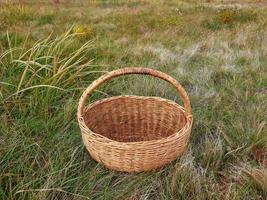 cesta de mimbre sobre hierba verde. concepto de picnic al aire libre. foto