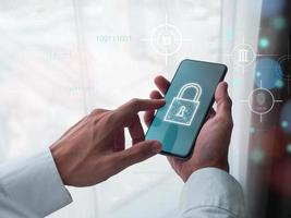 Cyber security, Data privacy, Cybercrime, Data protection, Verify identity. Businessman holding smartphone in hand with lock key icon on screen. photo