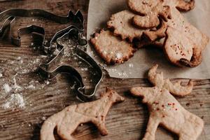 Christmas gingerbread cookies in the shape of animals on a dark, wooden background. DIY Christmas cookies. Hot chocolate with cream and biscuits. Animal figurine cookies photo