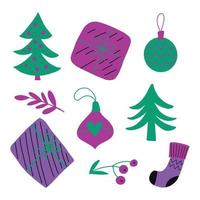 lindo diseño de garabatos navideños con garabatos dibujados a mano - árbol de navidad, adorno de vidrio, caja de regalo, calcetín, rama. dibujo infantil ingenuo simple, festivo de temporada de año nuevo vector