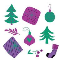 Cute Christmas doodle set design with hand drawn doodles - Christmas tree, glass bauble, gift box, sock, branch. Simple naive childish drawing, New Year seasonal festive vector