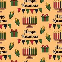 Happy Kwanzaa seamless pattern background in Modern flat style with Kinara candle holder, corn, gift box, text. Vector wallpaper design, wrapping paper, print, textile design, repeat texture