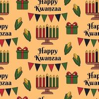 feliz kwanzaa fondo de patrón sin costuras en estilo plano moderno con portavelas kinara, maíz, caja de regalo, texto. diseño de papel tapiz vectorial, papel envolvente, impresión, diseño textil, textura repetida vector