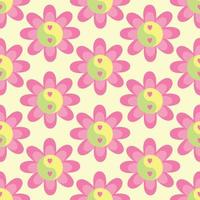Flower with yin yang symbol with hearts in pink yellow green color. Vector background, Cute y2k hippie print, wallpaper, texture design