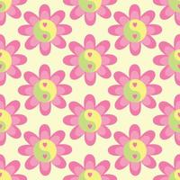 Flower with yin yang symbol with hearts in pink yellow green color. Vector background, Cute y2k hippie print, wallpaper, texture design