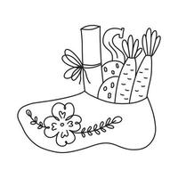 día de san nicolás - sinterklaas - fiesta holandesa de santa - botas tradicionales con regalos, zanahorias y galletas, letra s. niños lindos dibujo de contorno en blanco y negro. ilustración vectorial de página para colorear vector