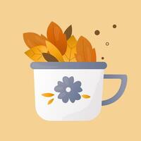 white cup decorated with autumn leaves vector