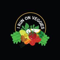 I run on veggies vector t-shirt template. Vector graphics, Vegan day t-shirt design. Can be used for Print mugs, sticker designs, greeting cards, posters, bags, and t-shirts.