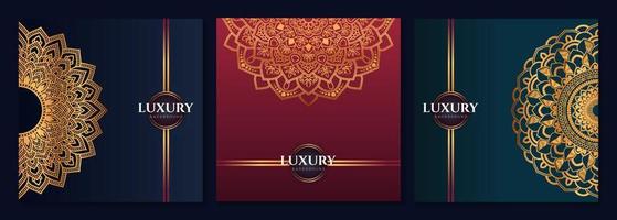 Set of abstract gold luxury mandala background vector template, Circular ornamental arabesque pattern for poster, cover, brochure, flyer. Red, green, blue background