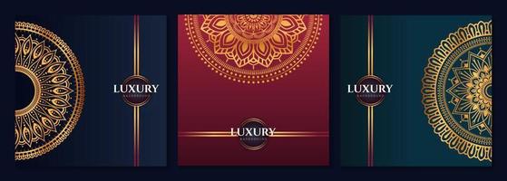 Set of abstract gold luxury mandala background vector template, Circular ornamental arabesque pattern for poster, cover, brochure, flyer. Red, green, blue background