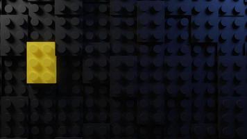 3d rendering of toy bricks on black background. minimalistic background, and one yellow bricks on background,  topview photo
