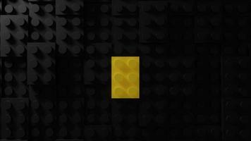 3d rendering of toy bricks on black background. minimalistic background, and one yellow bricks on background,  topview photo