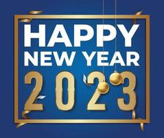 Happy new year 2023 typography with 3D realistic gold metal text on blue background, New year greeting postcard vector