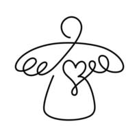 Vector simple Christmas angel with heart, continuous one line drawing, print for clothes and logo design, emblem or silhouette one single line, isolated abstract illustration