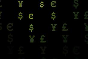 Dark green vector pattern with EUR, USD, GBP, JPY.