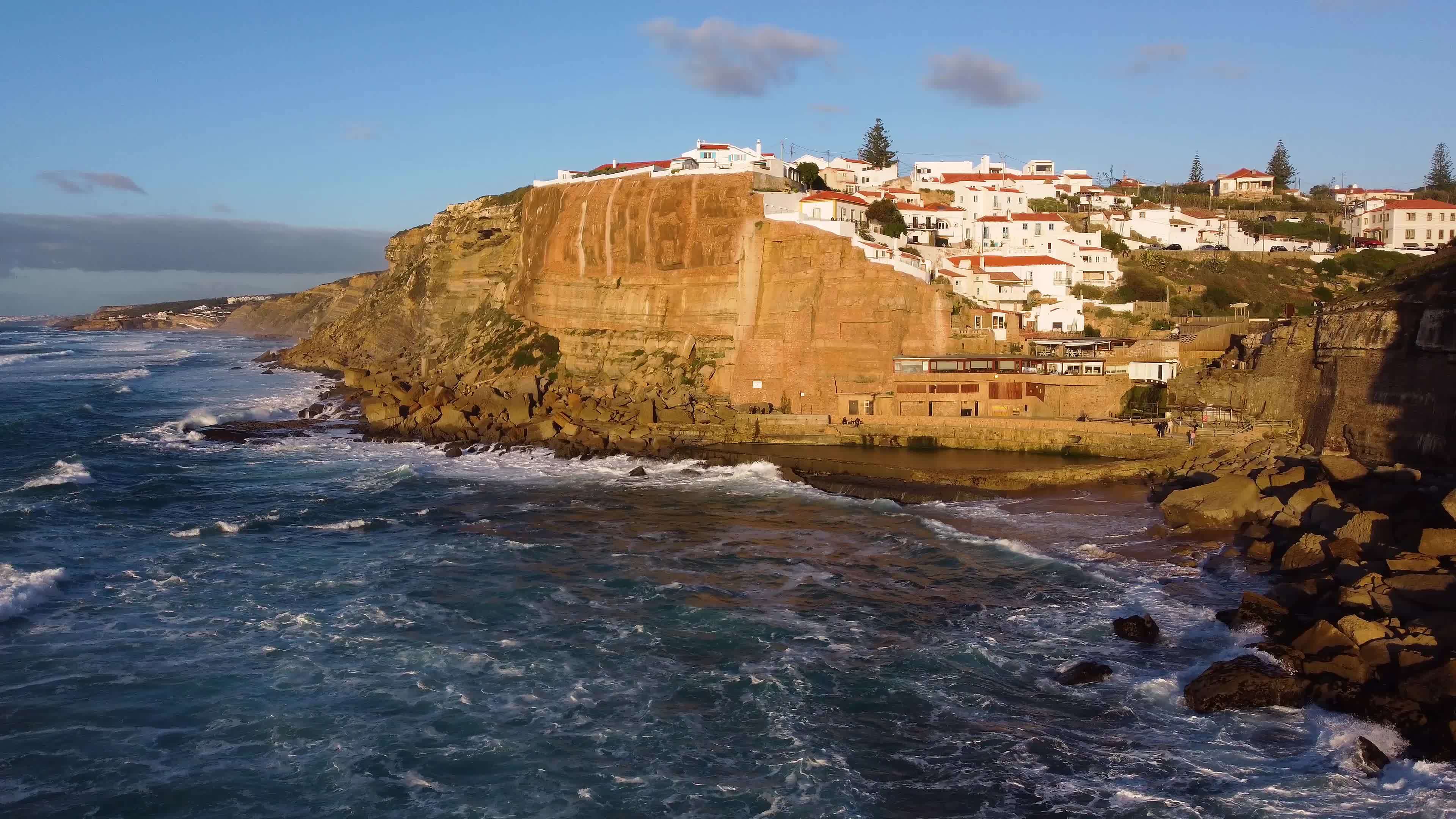 Aerial drone view of Azenhas do Mar, Portugal. Natural pool in the
